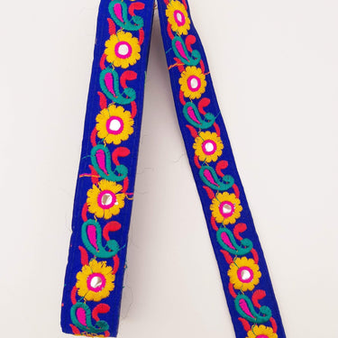 Royal Blue Floral Mirrored Trim With Yellow Flowers And Green Paisley Embroidery, Decorative Trimming, Trim By 3 Yards